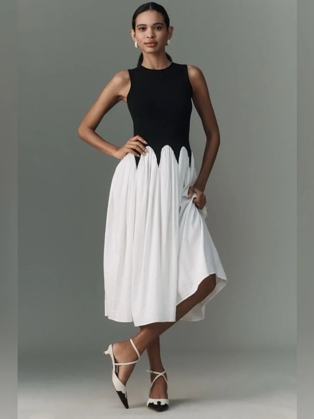 Anthropologie Black & White Scalloped Waist Sleeveless Midi Dress